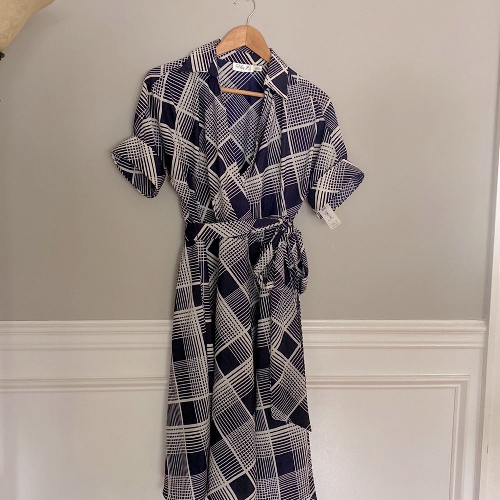 ELIZA J Plaid Surplice Midi Dress In Navy/ Ivory BRAND NEW WITH TAGS